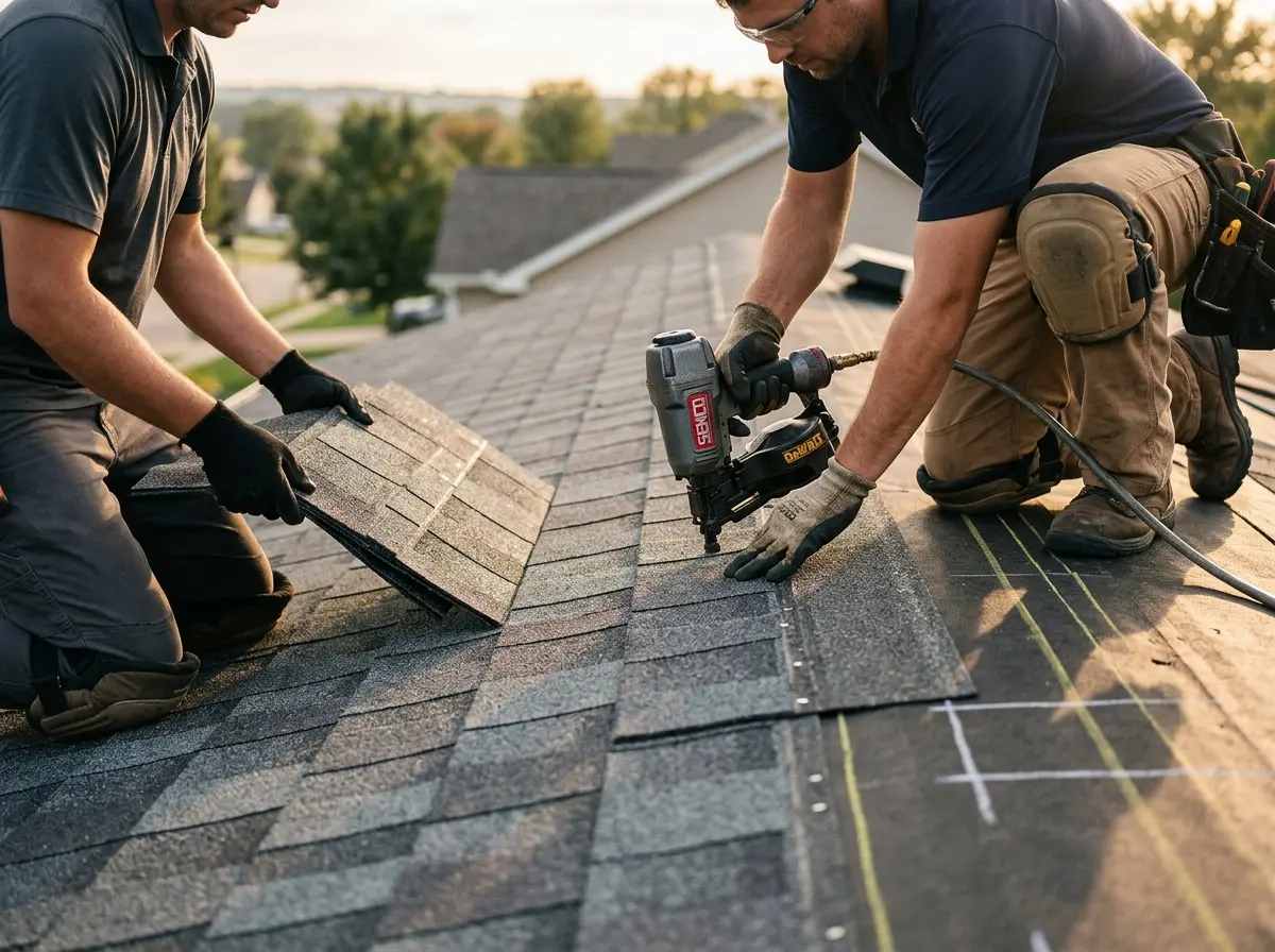Professional roofer working on a residential roof in Ridgefield Park village